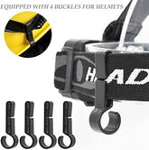 Helmet strap with four buckles and a close-up of one buckle on a white background.